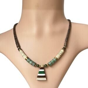 1970s Santo Domingo Style Heishi Bead Necklace, Inlaid Stone & Shell Pendant